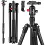 MACTREM Professional Camera Tripod with Phone Mount, 62'' DSLR Tripod for Travel, Super Lightweight and Reliable Stability, Ball Head Tripod Detachable Monopod with Carry Bag (Black)
