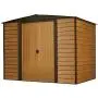 Arrow Woodridge Low Gable Steel Storage Shed, Coffee/Woodgrain 8 x 6 ft.