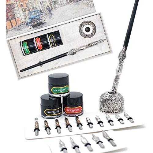 GC QUILL Calligraphy Pen Set, Wooden Dip Pen with 16 Dip Nibs, 3 Ink Bottles and 1 Pen Holder, Calligraphy Set for Beginners - MU-04
