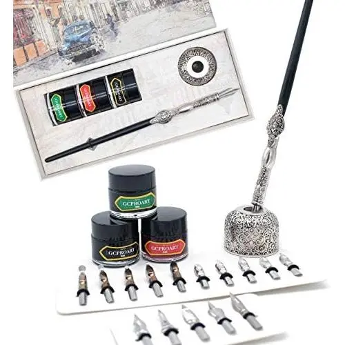 GC QUILL Calligraphy Pen Set, Wooden Dip Pen with 16 Dip Nibs, 3 Ink Bottles and 1 Pen Holder, Calligraphy Set for Beginners - MU-04 GC QUILL Calligraphy Pen Set, Wooden Dip Pen with 16 Dip Nibs, 3 Ink Bottles and 1 Pen Holder, Calligraphy Set for Beginners - MU-04