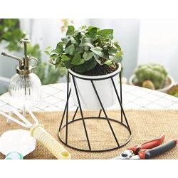 Planter Pot Indoor, Flowerplus 4.33 Inch White Ceramic Medium Succulent Cactus Flower Plant Round Bowl with Metal Stand Holder and Plants Sign for Indoors Outdoor Home Garden Kitchen Decor (Black)