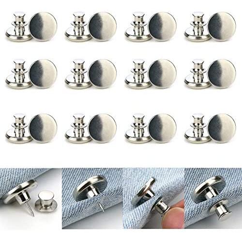 12 Sets Button Pins for Jeans, No Sew Pants Button Pins Detachable Instant Replacement Jean Button Pins for Pants Siliver