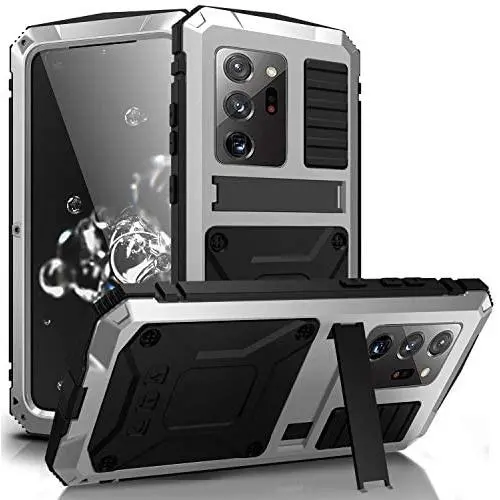 Simicoo Samsung Note 20 Ultra Metal Case with Screen Protector Military Rugged Heavy Duty Shockproof with Stand Camera Protector Full Cover case for Note 20 Ultra (Sliver)