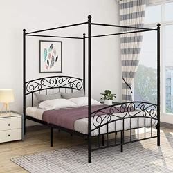 JURMERRY Full Size Metal Canopy Bed Frame with Ornate European Style Headboard & Footboard Sturdy Assembly All Parts Included (Textured Black, Full)