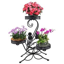 AISHN 3-Tiered Scroll Classic Plant Stand Decorative Metal Garden Patio Standing Plant Flower Pot Rack Display Shelf Holds 3-Flower Pot with Modern''S'' Design (Black)