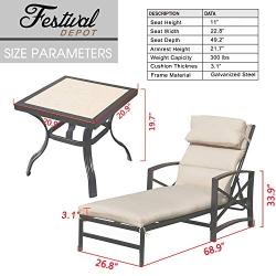 Festival Depot 3 Pieces Patio Outdoor Chaise Lounge Chairs with Cushions Set with Coffee Table Premium Fabric Metal Frame Furniture Garden Bistro Soft Headrests (Khaki)