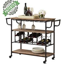 HOMYSHOPY Industrial Bar Cart with Wine Rack and Glass Holder, Mobile Wine Carts with Wheels for The Home, Metal Serving Cart and Kitchen Storage Cart 3 Shelves, Vintage Brown