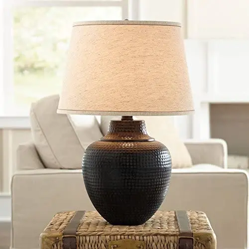 Brighton Rustic Table Lamp Hammered Bronze Metal Pot Beige Linen Drum Shade for Living Room Family Bedroom Nightstand - Barnes and Ivy Brighton Rustic Table Lamp Hammered Bronze Metal Pot Beige Linen Drum Shade for Living Room Family Bedroom Nightstand - Barnes and Ivy