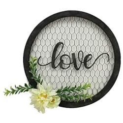 Parisloft Love Round Metal Wall Hanging Art Sign Word Love on Chicken Wire Round Framed and with Fabric Flower 12.2 x 12.2 x 1.4 Inches Black (Love)