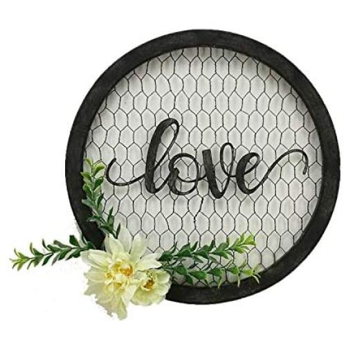 Parisloft Love Round Metal Wall Hanging Art Sign Word Love on Chicken Wire Round Framed and with Fabric Flower 12.2 x 12.2 x 1.4 Inches Black (Love)