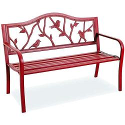 PHI VILLA Outdoor Garden Bench, 50”L Steel Patio Bench for Yard, Lawn, Balcony, Porch, Red Bird Modern Bench with Backrest and Armrest