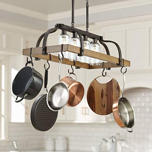 Eldrige Bronze Wood Pot Rack Linear Pendant Chandelier 36 1/2'' Wide Rustic Farmhouse Clear Seeed Glass 4-Light Fixture for Kitchen Island Dining Room - Franklin Iron Works