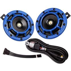 FARBIN Waterproof Car Horn 12v Loud High Tone/Low Tone Metal Twin Horns Kit with Relay Harnes,Universal Horn for Car (Blue horn with wire harness)