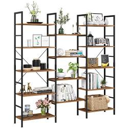 Homfa Triple Wide 5-Tier Bookcase, Large Etagere Bookshelf Industrial Open Storage Display Shelves Organizer, 68.5L x 11.8W x 68.1H Inches Solid Wood Book Shelf with Metal Frames for Home Office