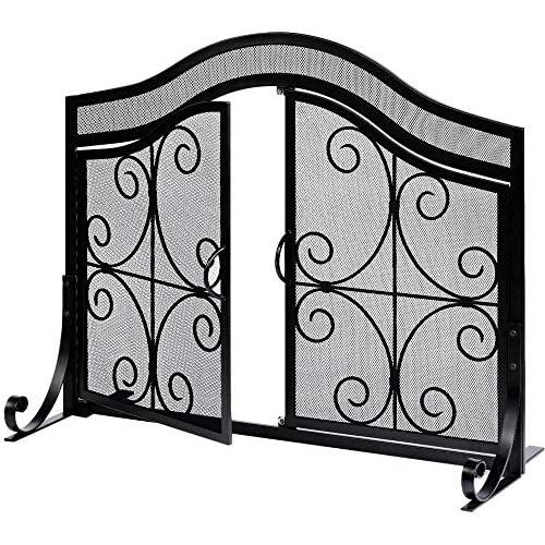 Amagabeli Fireplace Screen with Doors Large Flat Guard Fire Screens Outdoor Metal Decorative Mesh Solid Wrought Iron Fire Place Panels Wood Burning Stove Accessories Black