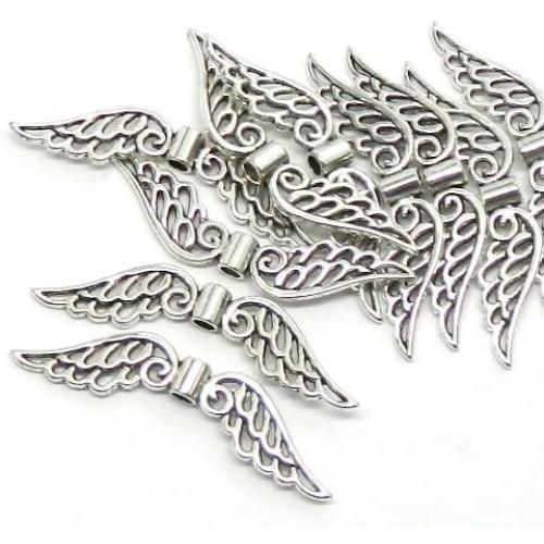 Rockin Beads Brand, 10 Focal Angel Wings Antiqued Silver Beads Cast Zinc Metal Beads 53x10mm Approx 2 Inch