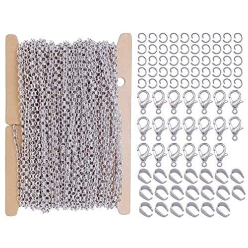 ZCNest 32.8 Ft(10m) Rhodium Rolo Chains for Jewelry Making Set, with Lobster Clasps+Jump Rings+Pinch Bails, Cable Link Craft Chain Findings for Necklace Bracelet Earring DIY Wide 2.5mm_2083-B