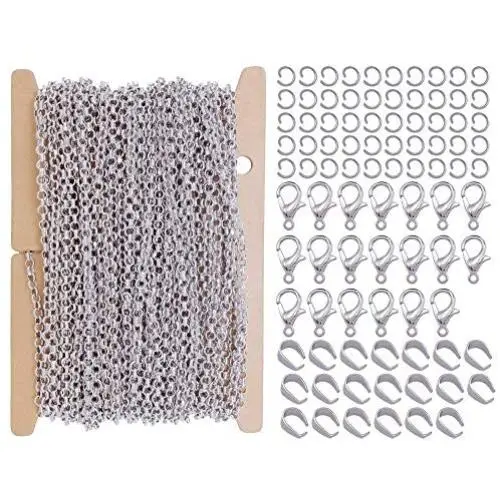 ZCNest 32.8 Ft(10m) Rhodium Rolo Chains for Jewelry Making Set, with Lobster Clasps+Jump Rings+Pinch Bails, Cable Link Craft Chain Findings for Necklace Bracelet Earring DIY Wide 2.5mm_2083-B