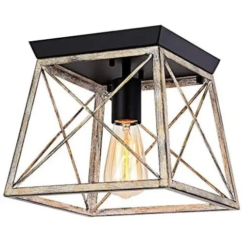 Pauwer Industrial Flush Mount Ceiling Light Farmhouse Rustic Metal Cage Close to Ceiling Lighting Fixture Faux Wood Paint Pauwer Industrial Flush Mount Ceiling Light Farmhouse Rustic Metal Cage Close to Ceiling Lighting Fixture Faux Wood Paint