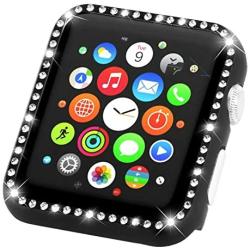 Leotop Compatible with Apple Watch Case 38mm, Metal Bumper Protective Cover Frame Accessories Women Girl Bling Shiny Crystal Rhinestone Diamond Compatible iWatch Series 3/2/1(Diamond Black, 38mm)