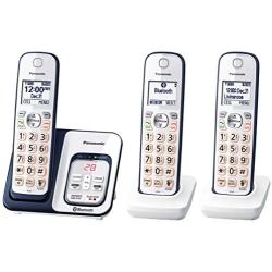 PANASONIC Expandable Cordless Phone System with Link2Cell Bluetooth, Voice Assistant, Answering Machine and Call Blocking - 3 Cordless Handsets - KX-TGD563A (Navy Blue/White)