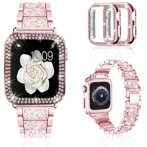 Mosonio Compatible with Apple Watch Band 38mm 40mm 42mm 44mm with Case Women, Jewelry Replacement Metal Wristband Strap with 2 Pack Bling PC Protective Cover for iWatch Series 6/5/4/3/2/1(Pink)