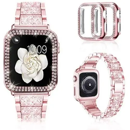 Mosonio Compatible with Apple Watch Band 38mm 40mm 42mm 44mm with Case Women, Jewelry Replacement Metal Wristband Strap with 2 Pack Bling PC Protective Cover for iWatch Series 6/5/4/3/2/1(Pink) Mosonio Compatible with Apple Watch Band 38mm 40mm 42mm 44mm with Case Women, Jewelry Replacement Metal Wristband Strap with 2 Pack Bling PC Protective Cover for iWatch Series 6/5/4/3/2/1(Pink)