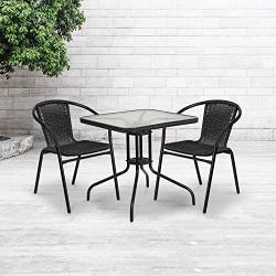 Flash Furniture 28 Square Glass Metal Table with Black Rattan Edging and 2 Black Rattan Stack Chairs