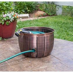 BIRDROCK HOME Decorative Water Hose Holder Pot with Antique Copper Exterior - Ground Garden Hose Box - Steel - Powdered Coated - Embossed - Steel Metal Hider - Outdoor or Indoor Use