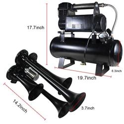 Shueriu Train Horn - 4-Trumpet 180 psi Air System 150dB+ 10 L Metal 12V Train Horns kit for Trucks Air Horn for Any 12V Vehicles Trucks Lorrys Trains Boats Cars Black