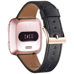 WFEAGL For Versa Band, Top Grain Leather Band Replacement Strap for Versa /Versa 2 /Versa Lite /Versa SE Fitness Smart Watch (Black Band+Gold Buckle)