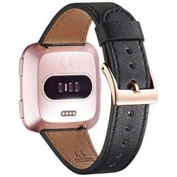 WFEAGL For Versa Band, Top Grain Leather Band Replacement Strap for Versa /Versa 2 /Versa Lite /Versa SE Fitness Smart Watch (Black Band+Gold Buckle)