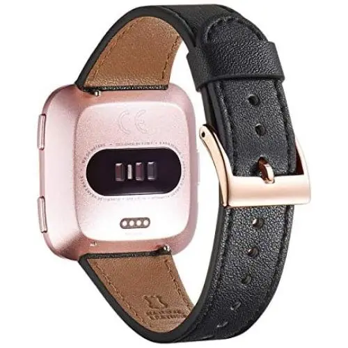 WFEAGL For Versa Band, Top Grain Leather Band Replacement Strap for Versa /Versa 2 /Versa Lite /Versa SE Fitness Smart Watch (Black Band+Gold Buckle)