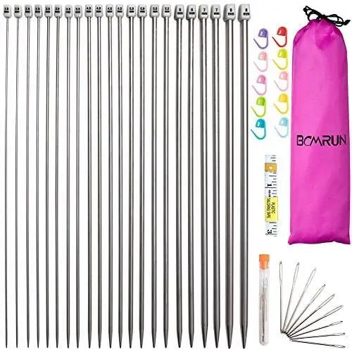 Knitting Needle Set, BCMRUN 22PCS 2mm(B)-8mm(L) Straight Single Pointed Stainless Steel Sweater Needles Set(11Pair-11 Size,9.8 inch) with Locking Stitch Makers Large-Eye Blunt Needles Measure Tape