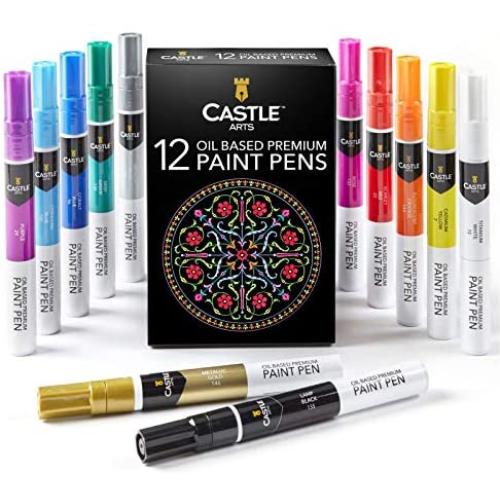 Castle Art Supplies 12 Oil Based Paint Pens Vibrant Premium Colored Markers for adults kids artists | Color on Rocks Stones Metal Wood Ceramic Vinyl Glass Plastic | Weather resistant and Non Toxic