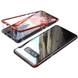 Compatible Galaxy Note 8 Case, Slim Magnetic Adsorption Metal Frame with Built-in Magnet Flip Tempered Glass Cover with a Screen Protector Flim, Black-red