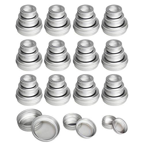 LJY 48 Pieces Round Metal Tins Empty Aluminum Cans Storage Containers Screw Lids with Clear Window, Mixed Sizes