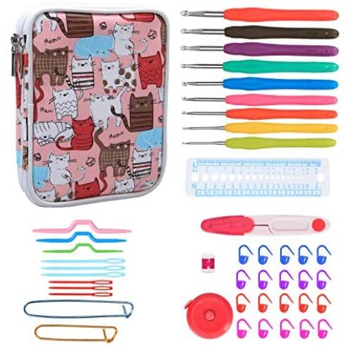 Teamoy Crochet Hooks Set - 9 Pieces Ergonomic Crochet Hooks with Case and Crochet Accessories, Perfect for Arthritic Hands, Cats Pink