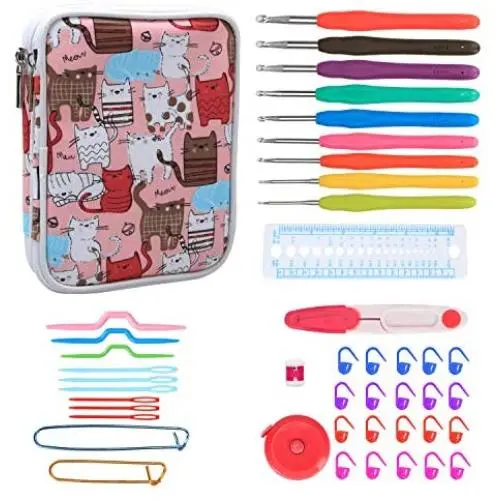 Teamoy Crochet Hooks Set - 9 Pieces Ergonomic Crochet Hooks with Case and Crochet Accessories, Perfect for Arthritic Hands, Cats Pink