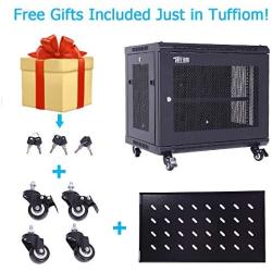 TUFFIOM 9U Casters Network Cabinet Enclosure, Wall Mount Rack w/Wheels, Deluxe 19 inch IT Series Server Date Devices (Fully Assembled, Cooling Fan, Locked Door,Adjustable Mounting Rails)