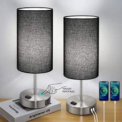 Black Touch Control Table Lamp Set of 2, with 2 USB Charging Ports&AC Outlet, 3-Way Dimmable Bedside Nightstand Lamps with Fabric Lampshade for Reading, Bedroom, Living Room, A19 LED Bulbs Included