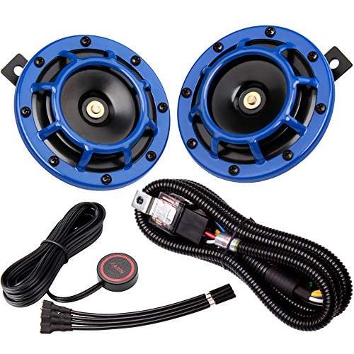 FARBIN Car Horn 12v Loud Motorcycle Horns High/Low Supertone Truck Horn Kit Electric Train Horn for Car (Blue horn with wire button)