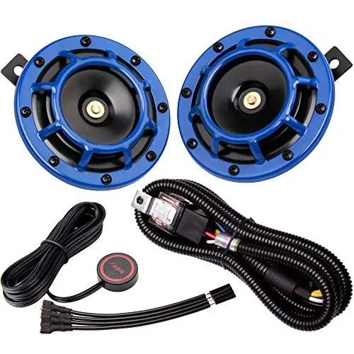FARBIN Car Horn 12v Loud Motorcycle Horns High/Low Supertone Truck Horn Kit Electric Train Horn for Car (Blue horn with wire button) FARBIN Car Horn 12v Loud Motorcycle Horns High/Low Supertone Truck Horn Kit Electric Train Horn for Car (Blue horn with wire button)