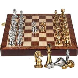 Chess Metal Set Folding Wooden Board and Storage and Classic Handmade Standard Parts Metal, Brown-30303CM