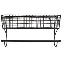 Home Traditions Z02225 Rustic Metal Wall Mount Shelf with Towel Bar, Large, Black