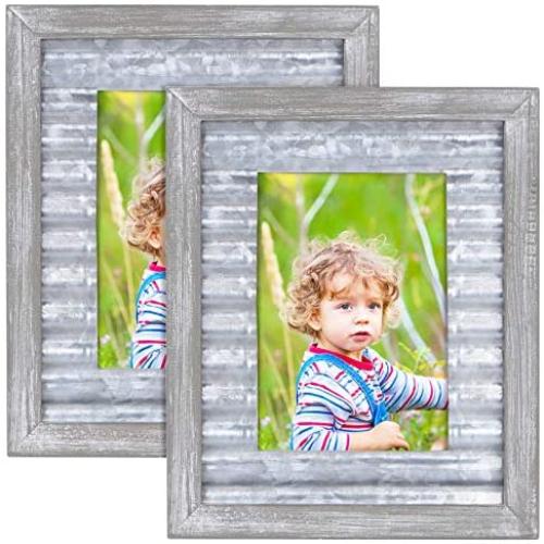 SZQINJI 5x7 Picture Photo Frame Pack of 2 Made of Rustic Solid Wood with HD Glass, Ripple Metal Sheet for Tabletop Display and Wall Mount