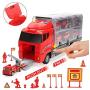 CUTE STONE 28 in 1 Fire Trucks Push and Go Car Carrier Truck Toy, Play Vehicles with Sounds and Lights, 10 Mini Diecast Trucks Included