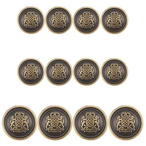 12 Piece Antiqued Bronze Metal Blazer Button Set - Crown Lion- for Blazer, Suits, Sport Coat, Uniform, Jacket 15mm 20mm