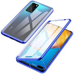 Jonwelsy Magnetic Adsorption Case for Huawei P40, 360 Degree Front and Back Clear Tempered Glass Flip Cover, Metal Bumper Frame for Huawei P40 (Blue)