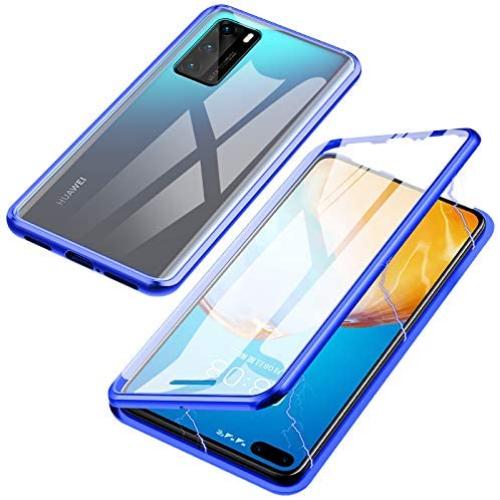 Jonwelsy Magnetic Adsorption Case for Huawei P40, 360 Degree Front and Back Clear Tempered Glass Flip Cover, Metal Bumper Frame for Huawei P40 (Blue)